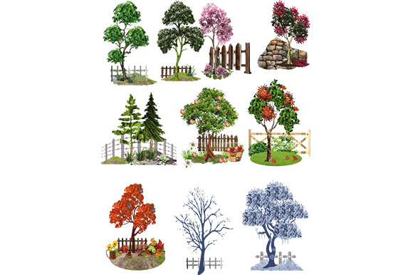 10 All Season Trees and Fence Set