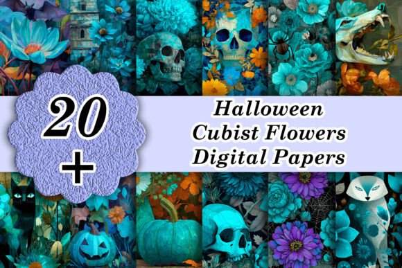 20 Turquoise Halloween Cubist Flowers: A Unique Design Resource