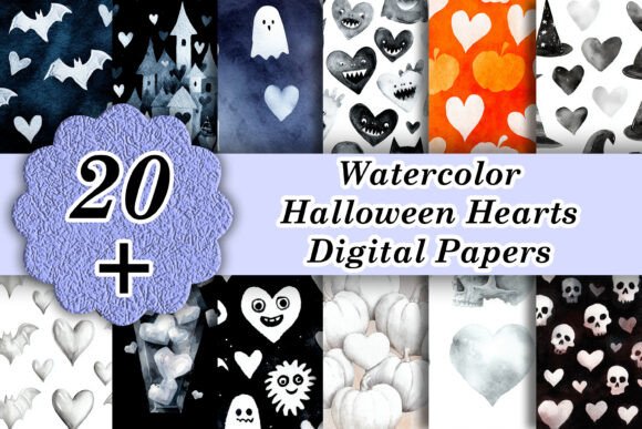 20 White Watercolor Halloween Hearts